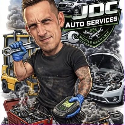 A cartoon drawing of a mechanic in a black t-shirt holding a spanner over his shoulder and a diagnostic reader in his other hand, with a forklift, a car with its bonnet up, a toolbox and the JDC badge around him.